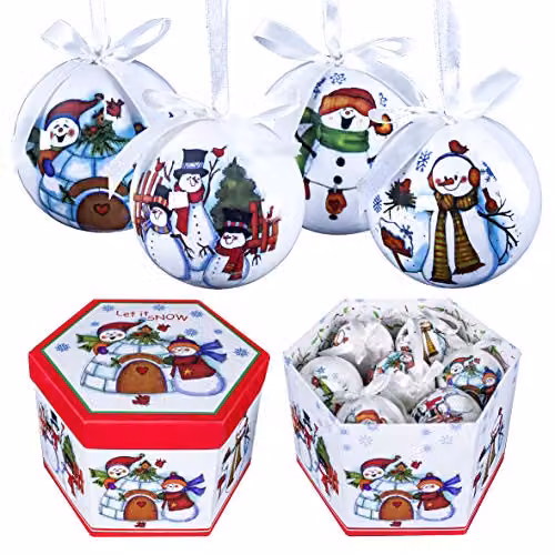 The Christmas Workshop Set of 14 White Cartoon Snowman Christmas Baubles, Diameter: 7.5 cm