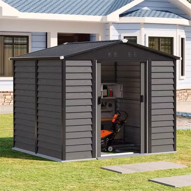FLAVORA Grey Metal Garden Shed with Sliding Doors and Gable Roof – 1
