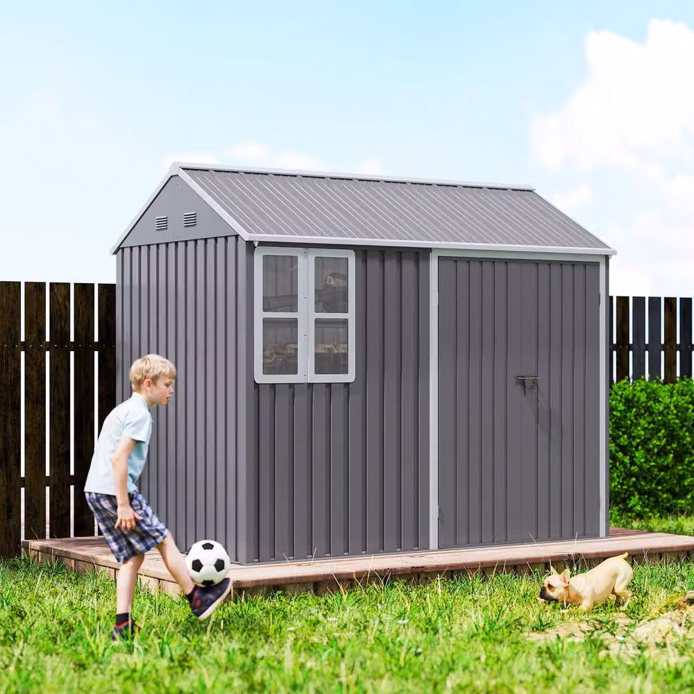 Rolipo Galvanised Metal Garden Shed with Double Doors, Window and Vents, Grey, W/D/H: 243.84 x 182.88 x 222.0 cm – 6