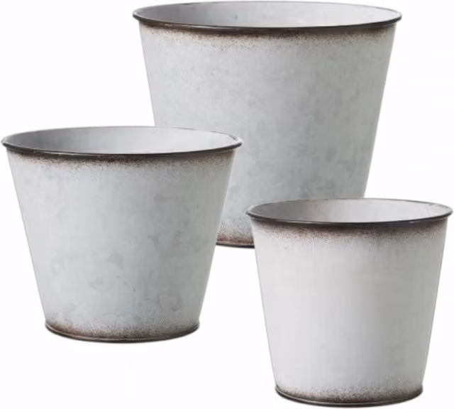 Kingsbury Gifts Set of 3 Round Rustic Silver Galvanised Steel Plant Pots for Indoor and Outdoor Tabletop Use