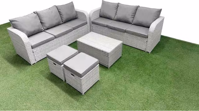 Fimous 8-Seater L-Shape PE Rattan Garden Sofa Set with Ottoman and Tempered Glass Coffee Table in Light Grey
