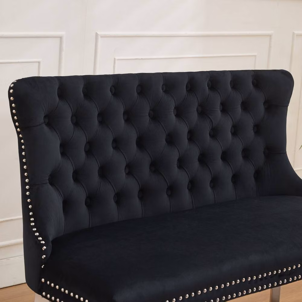 HomeTouch Modern Velvet Double Dining Loveseat Bench with Chrome Steel Legs in Black – 3