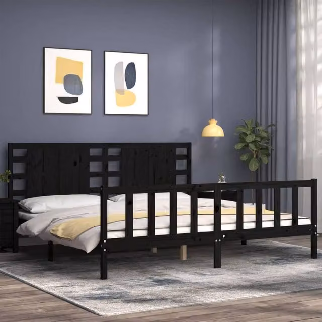 Berkfield Home Beautiful Bed Frame with Headboard in Black Solid Pine Wood W/D/H: 200 x 200 x 205.5 cm