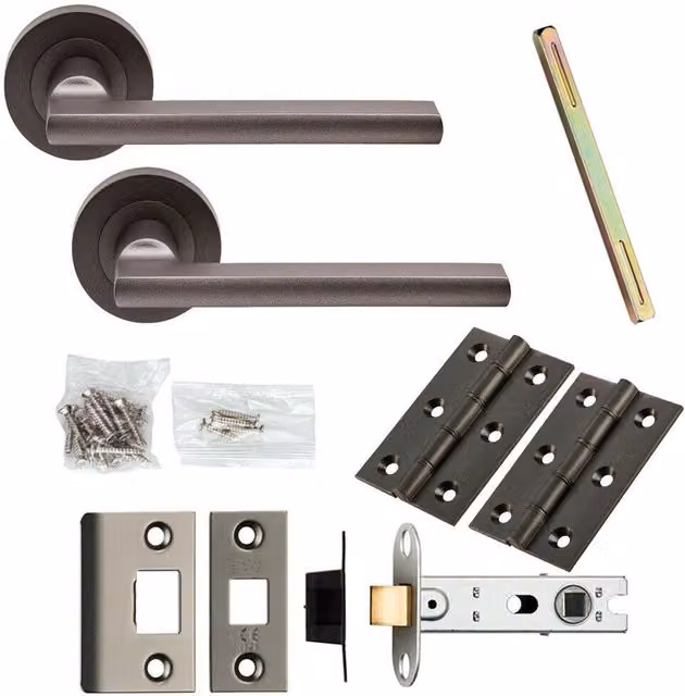 Loops Matt Bronze Door Handle and Latch Pack with Plinth Mounted Bar and Round Rose – 1