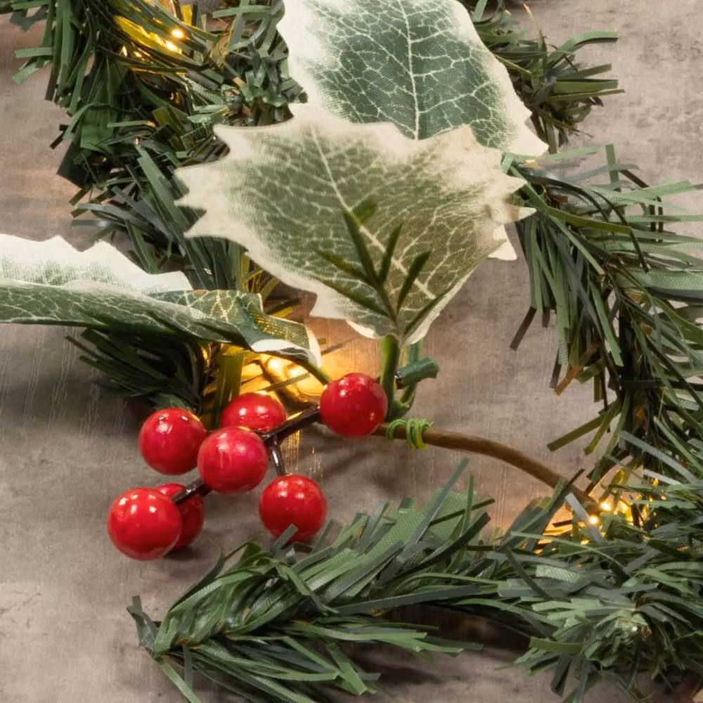 Globrite 2M Berry and Leaf Christmas Garland with 20 Warm White LED Lights, Battery Operated, Red and Green with Copper Accents – 7