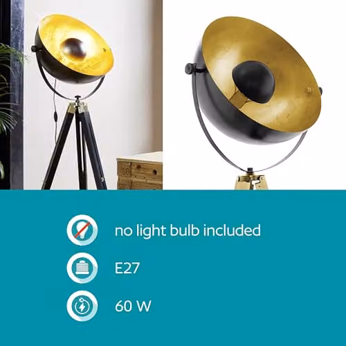 Eglo Covaleda Industrial Tripod Floor Lamp in Black and Gold/Brass, H 164 cm x W 55 cm x D 55 cm – 4