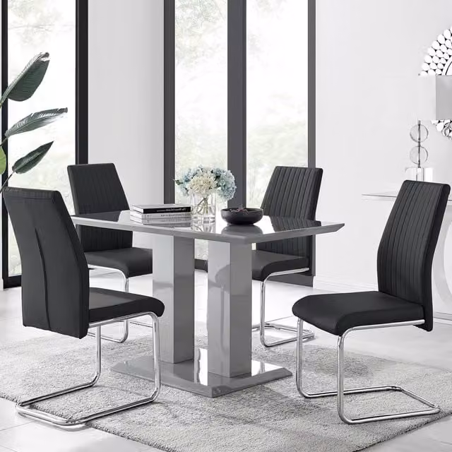 FurnitureboxUK Imperia Grey High Gloss 4 Seater Dining Table with 4 Black Soft Faux Leather Lorenzo Chairs