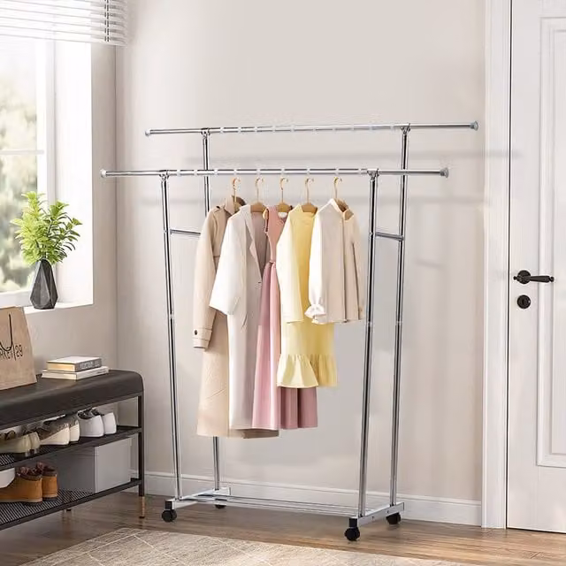 Livingandhome Stainless Steel Movable Clothes Drying Rack with Wheels and Hooks, Silver