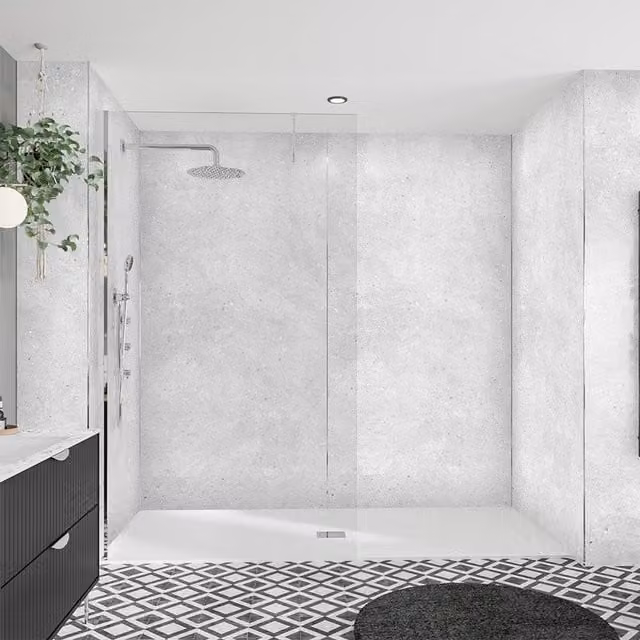 Wetwall Alloy Fossil Stone Shower Wall Panel in Light Grey, Width: 122 cm