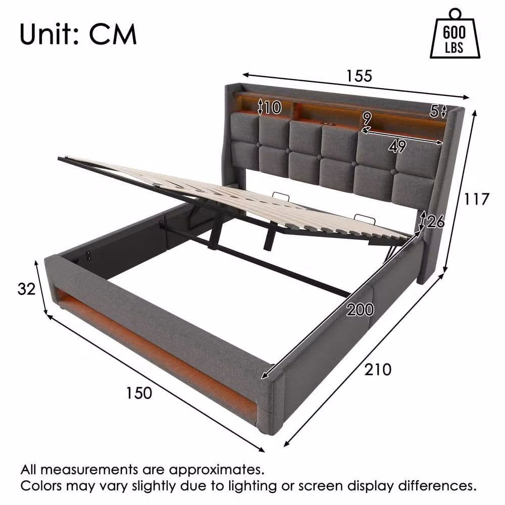 Rolipo King Size Storage Bed in Grey Linen with LED Lighting and USB Charging Port, W/D/H: 180 x 200 cm – 2