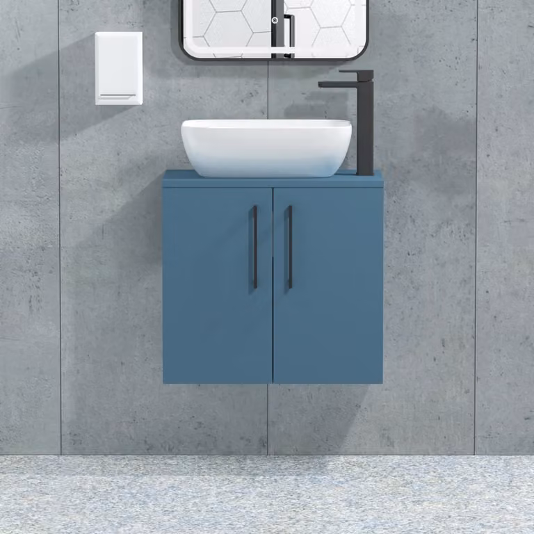 Royal Bathrooms Elva Modena 800mm Wall Hung Vanity Unit in Satin Blue with 2 Doors, Matt Black Handles and Countertop Basin