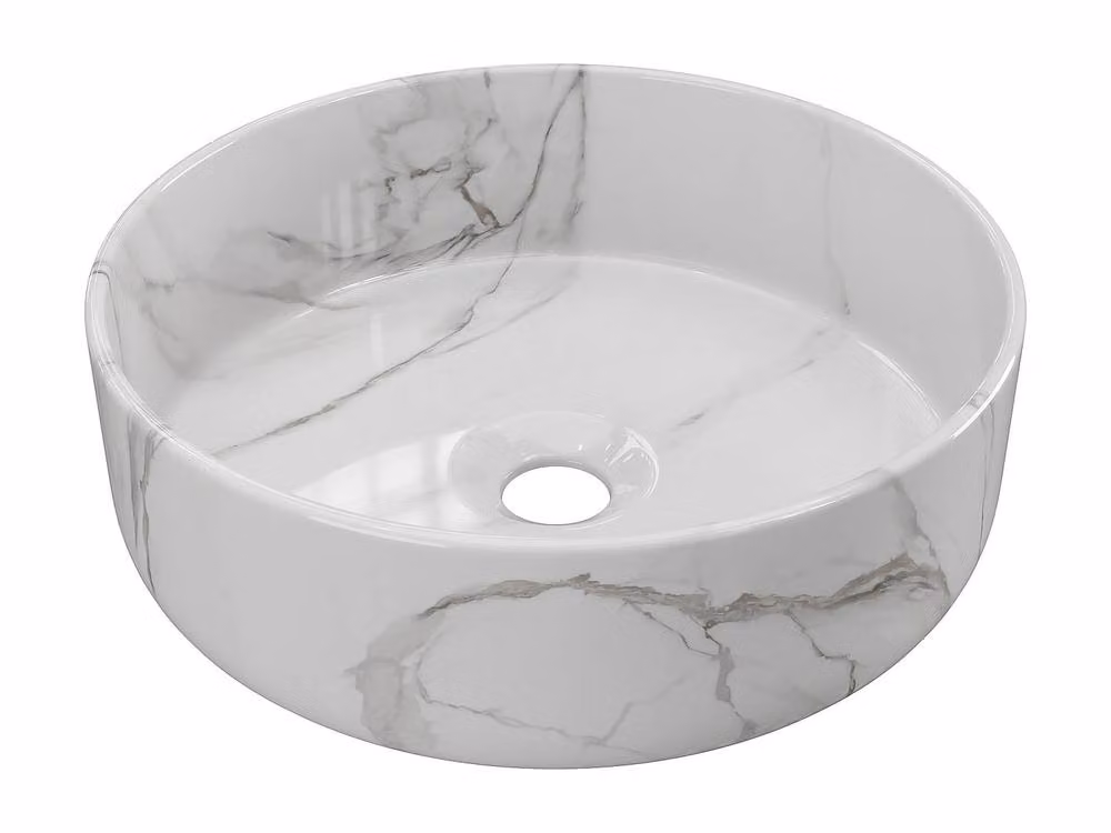 Vente-unique Round Ribbed Ceramic Washbasin in White Marble Effect, Diameter: 36 cm – 2