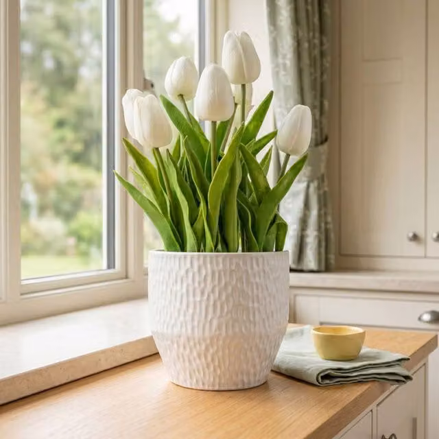 Madison & Mayfair White and Green Artificial Tulips in a Round Ceramic Textured Pot, H 31.5 x W 13 x D 13 cm