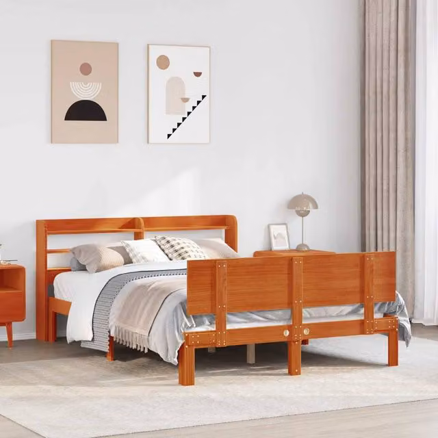 Berkfield Home 2-Piece Bed Frame with Headboard and Bedside Shelves in Wax Brown Solid Pine Wood – 1