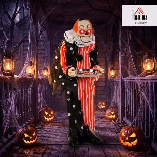 HOMCOM Animated Halloween Clown Decoration with Candy Tray, Multicolour, Height: 91 cm – 2