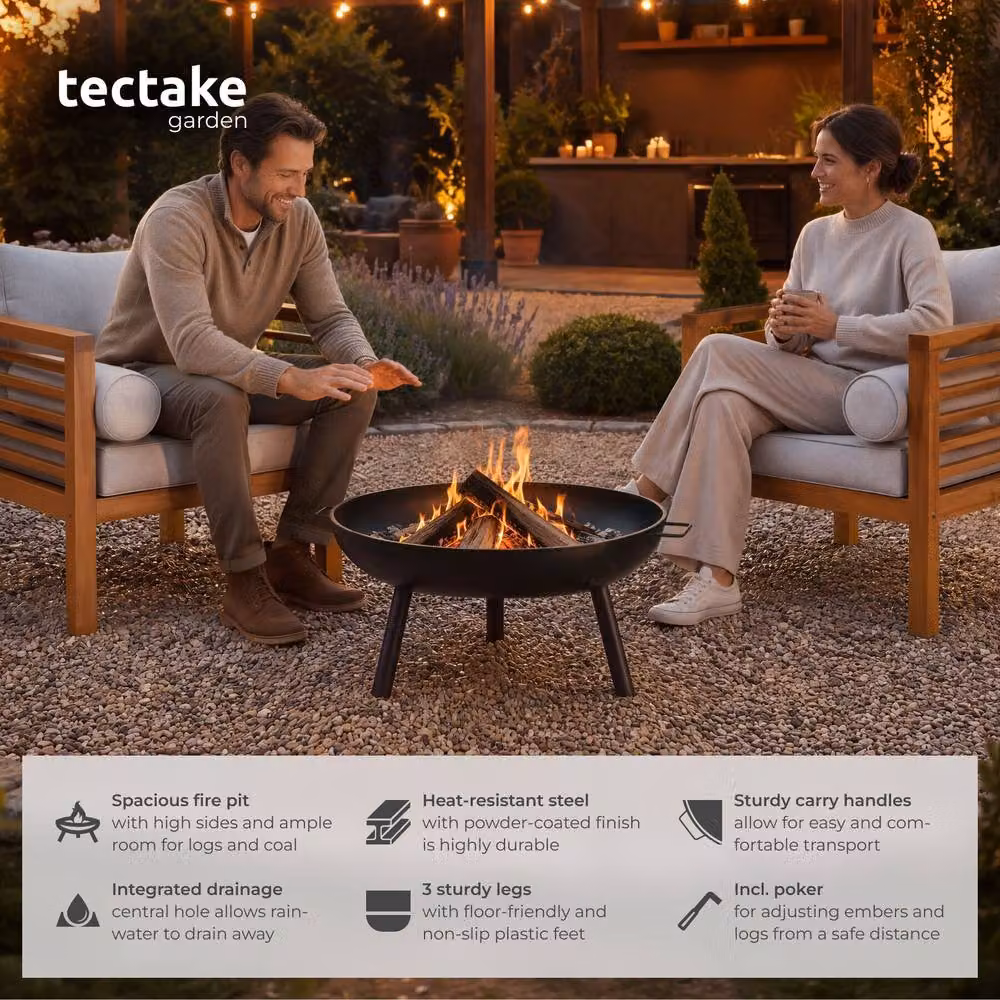 tectake Diablo Fire Pit Bowl in Black, Made of Heat-resistant Steel with Poker, W/D/H: 57.5 x 29.5 x 66.5 cm – 2