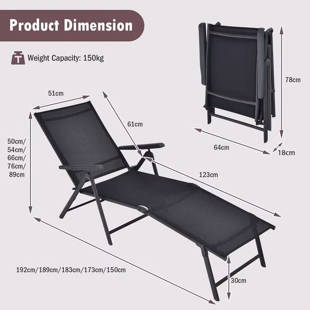 Kelvenix 2-Piece Set of Black Foldable Patio Chaise Lounge Chairs with Textilene Fabric and Powder Coated Steel Frame – 2
