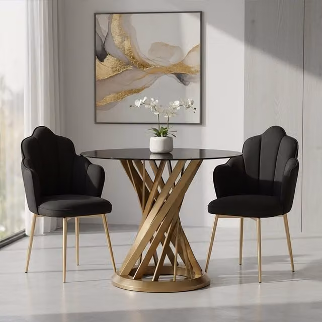 Fifty Five South Anzio Round Black Glass Dining Table with Gold Hourglass Base