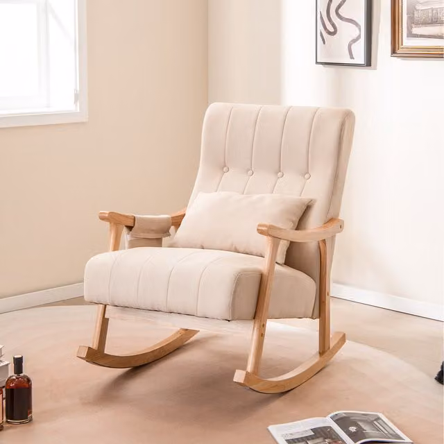 COSTWAY Upholstered Nursery Rocking Chair Glider with Armrests in Beige and White
