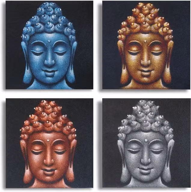 KDMD Set of 4 Buddha Head Ethnic Canvas Paintings, Multicolour, W/H: 40 x 40 cm – 1