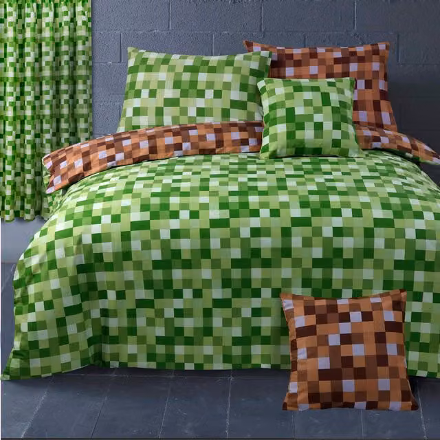 Velosso Reversible Checked Green and Brown Single Duvet Cover and Pillowcase Set for Children