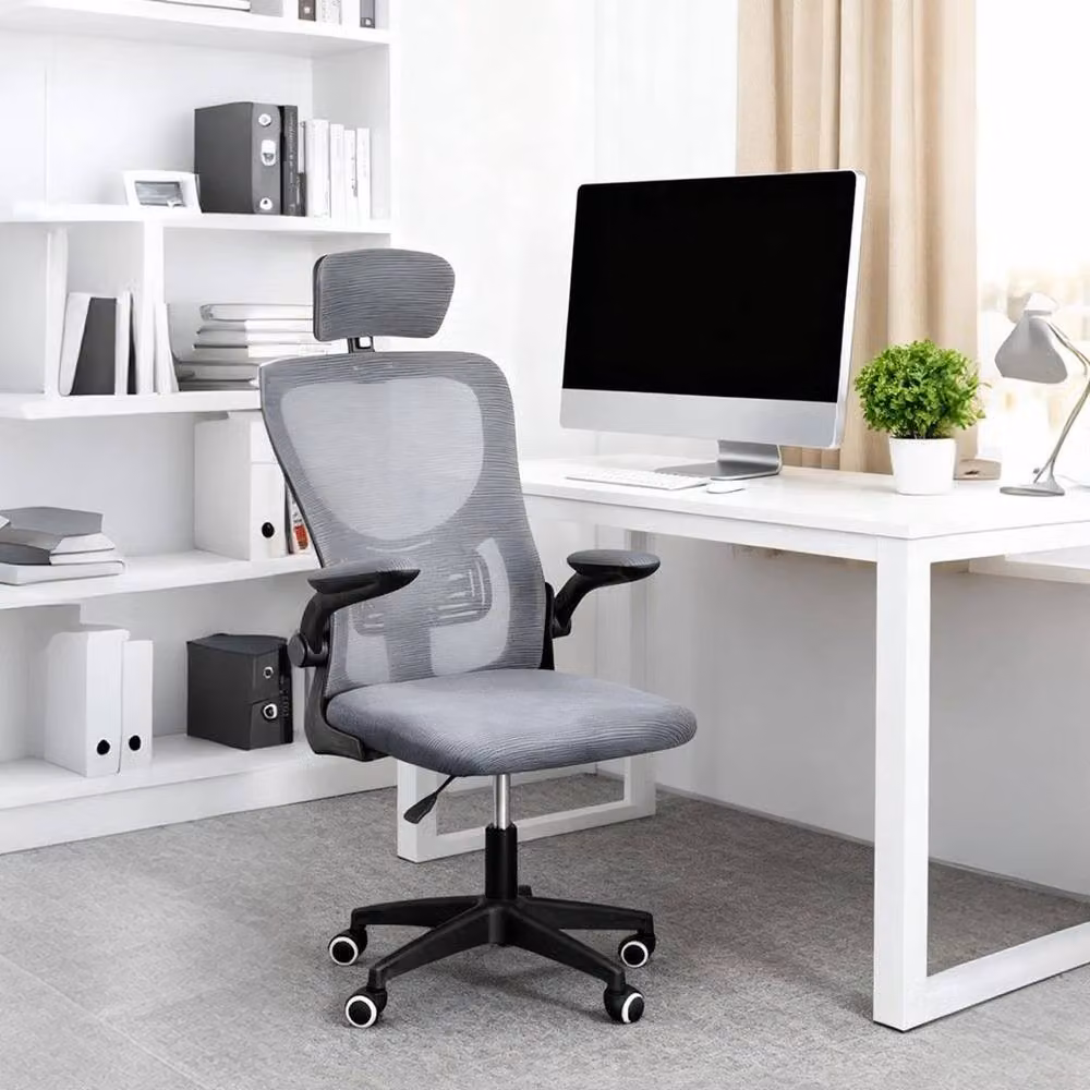 PAWNORA Ergonomic Grey Fabric Office Chair with Headrest and Armrests – 3