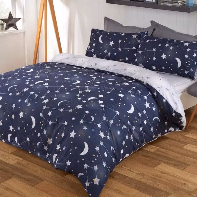Dreamscene Night Sky Galaxy Reversible Duvet Cover and Pillowcase Set, Blue, Single, 90 x 190 cm