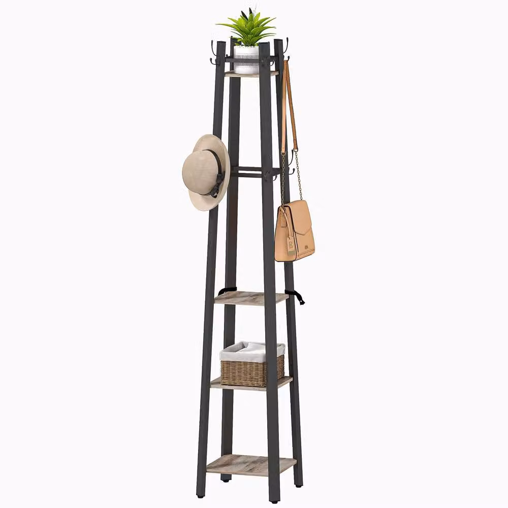 STILVORA Industrial Coat Stand with 8 Hooks and 4 Shelves in Grey and Black – 4