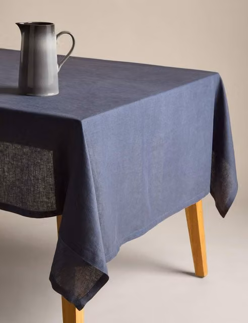 M&S Pure Linen Rectangular Tablecloth in Navy Blue