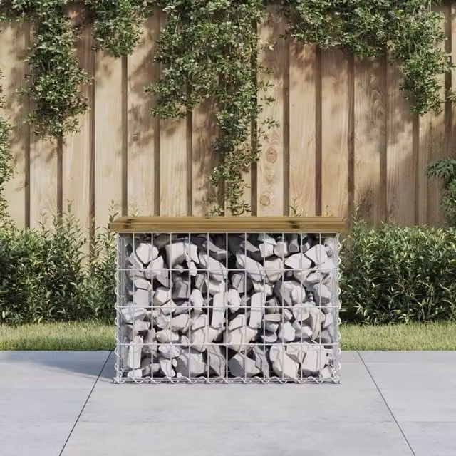 Berkfield Home Gabion Design Garden Bench in Brown Impregnated Pine Wood, W/D/H: 63 x 31.5 x 42 cm