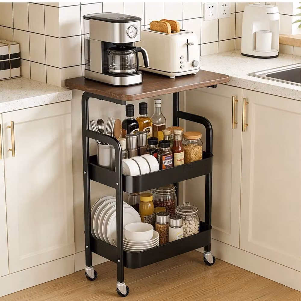 VOGREX Black 3 Tier Rolling Metal Kitchen Utility Storage Trolley Cart – 3