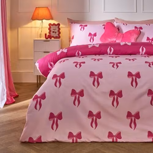 OHS Reversible Bow Print Microfibre Double Duvet Cover and Pillowcase Set in Red and Pink, W/D/H: 200 x 200 cm