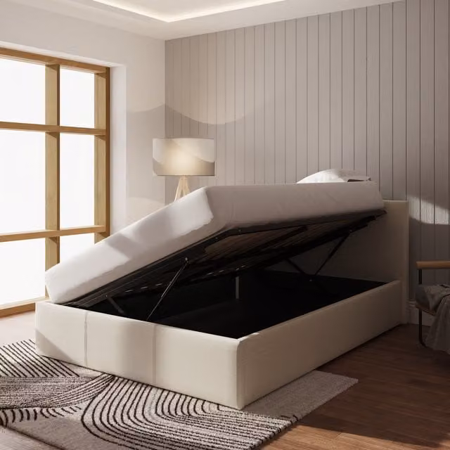 GFW Modern Upholstered Side Lift Ottoman Bed in Beige, W/D/H: 140 x 200 cm