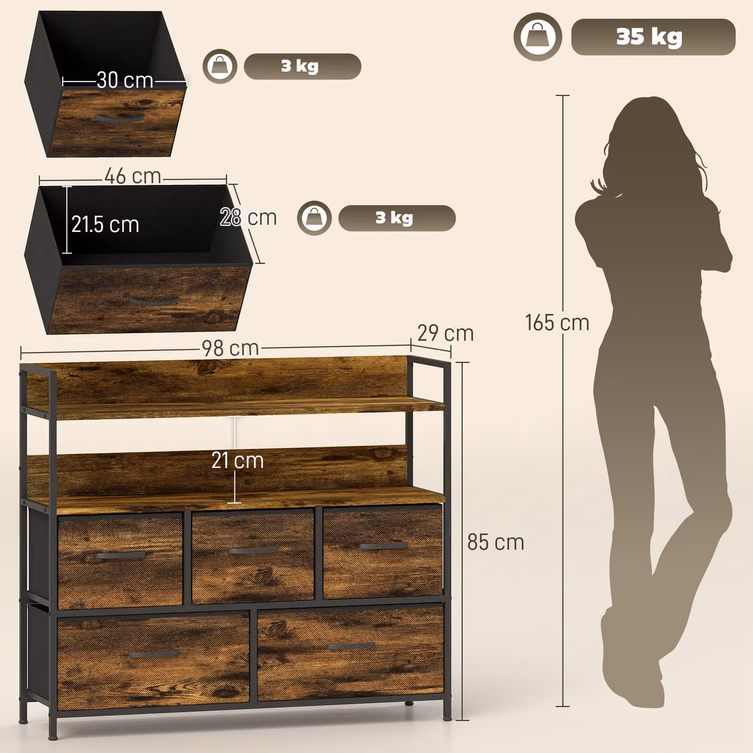 HOMCOM Rustic Chest of Five Fabric Drawers in Brown Wood Effect – 3