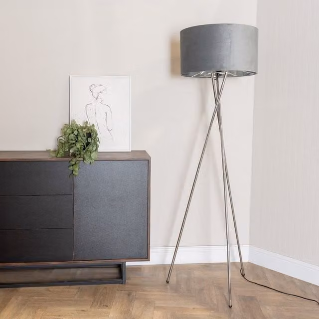 ValueLights Camden Grey Velvet and Chrome Tripod Floor Lamp with Bulb – 1