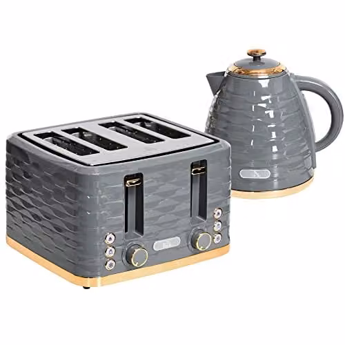 HOMCOM Kettle and 4 Slice Toaster Set in Grey with 1.7L Rapid Boil Kettle and 1600W Toaster featuring Auto Shut-off