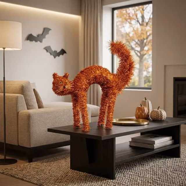 Garden Greatness Scaredy Cat Tinsel Halloween Tabletop Decor in Orange – 1