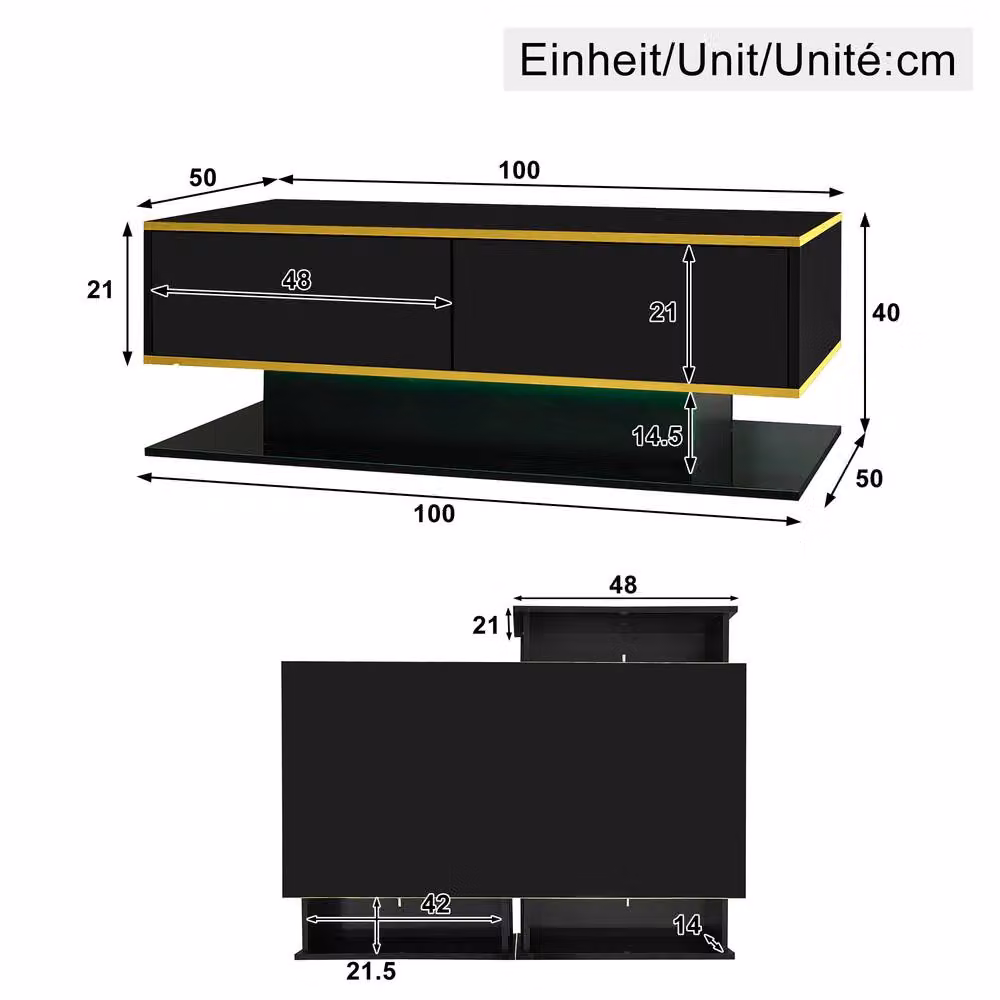 ModernLuxe High Gloss Rectangular Coffee Table with LED Lights and 3 Drawers in Black and Gold – 4