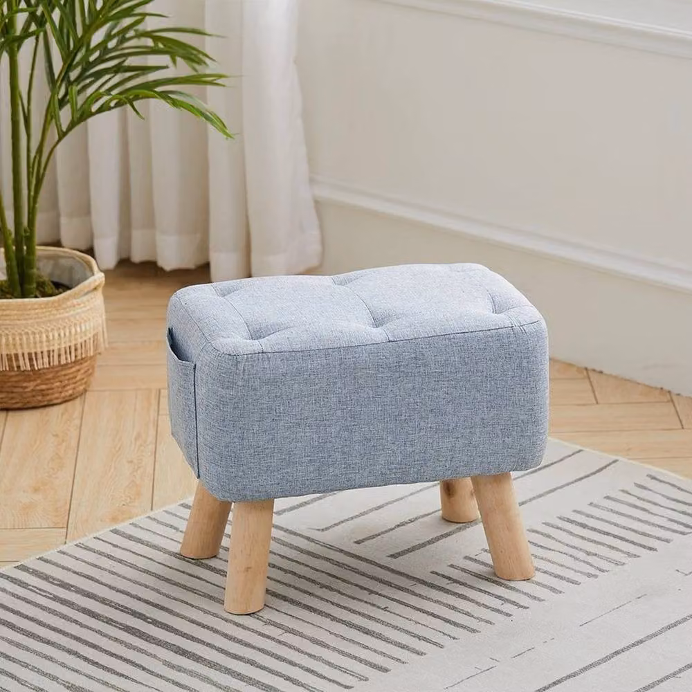Kelvenix Blue Linen Tufted Footstool Pouffe with Oak Wood Frame – 2