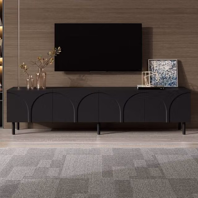 Merax Black Arched 4 Door TV Unit Lowboard with Metal Legs W: 180 cm, D: 35 cm, H: 49 cm