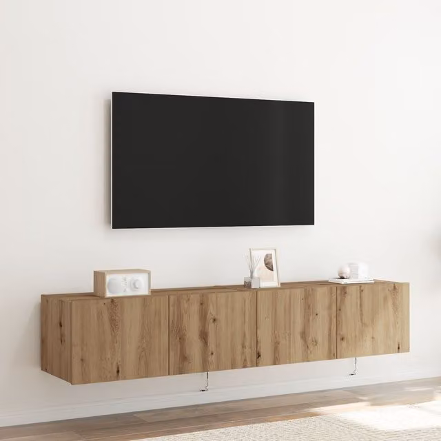 Berkfield Home Set of 2 Modern Artisan Oak TV Wall Cabinets with Integrated LED Lighting in Brown, W/D/H: 80 x 35 x 31 cm – 1