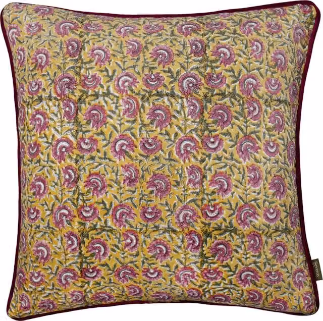 Make it a Home Chedworth Piped Velvet Floral Cushion in Gold/Yellow with Feather and Polyester Filling