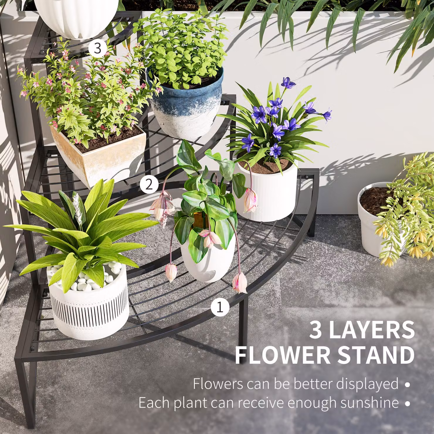 Outsunny 3 Tier Corner Metal Plant Stand, Black Quarter Round Flower Pot Holder for Indoor and Outdoor Use, H 87 x W 60 x D 28 cm – 4