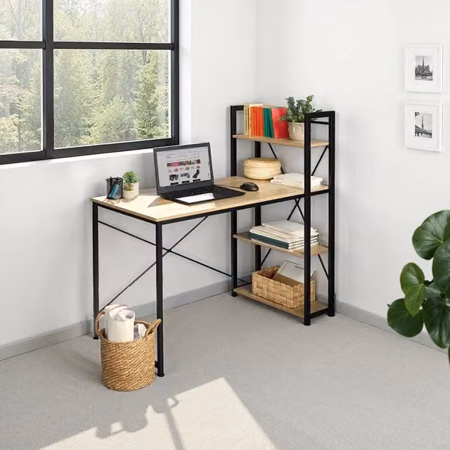 Tectake Hershey W Industrial Computer Desk with Integrated Side Shelf in Oak Sonoma and Black