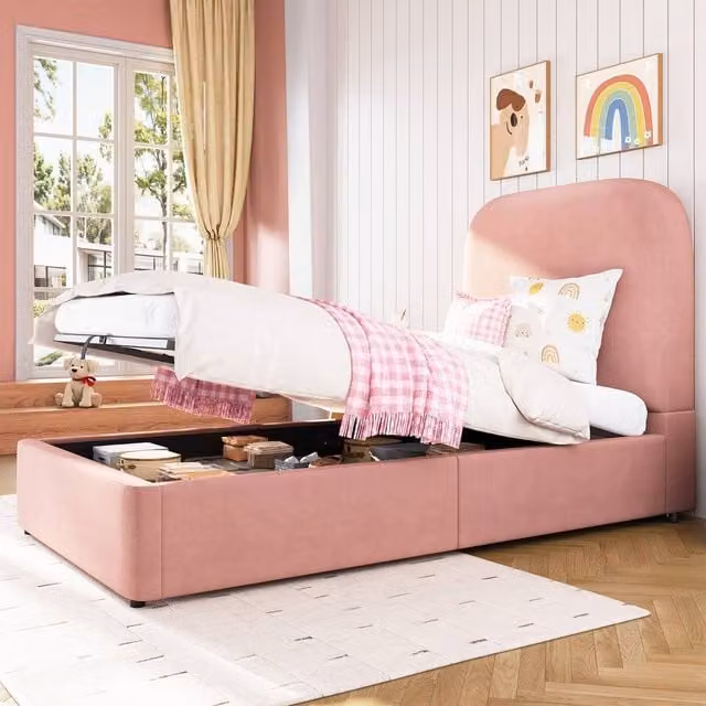 BTM Single Velvet Upholstered Bed with Hydraulic Storage and Headboard in Pink, W/D/H: 90 x 200 cm – 1