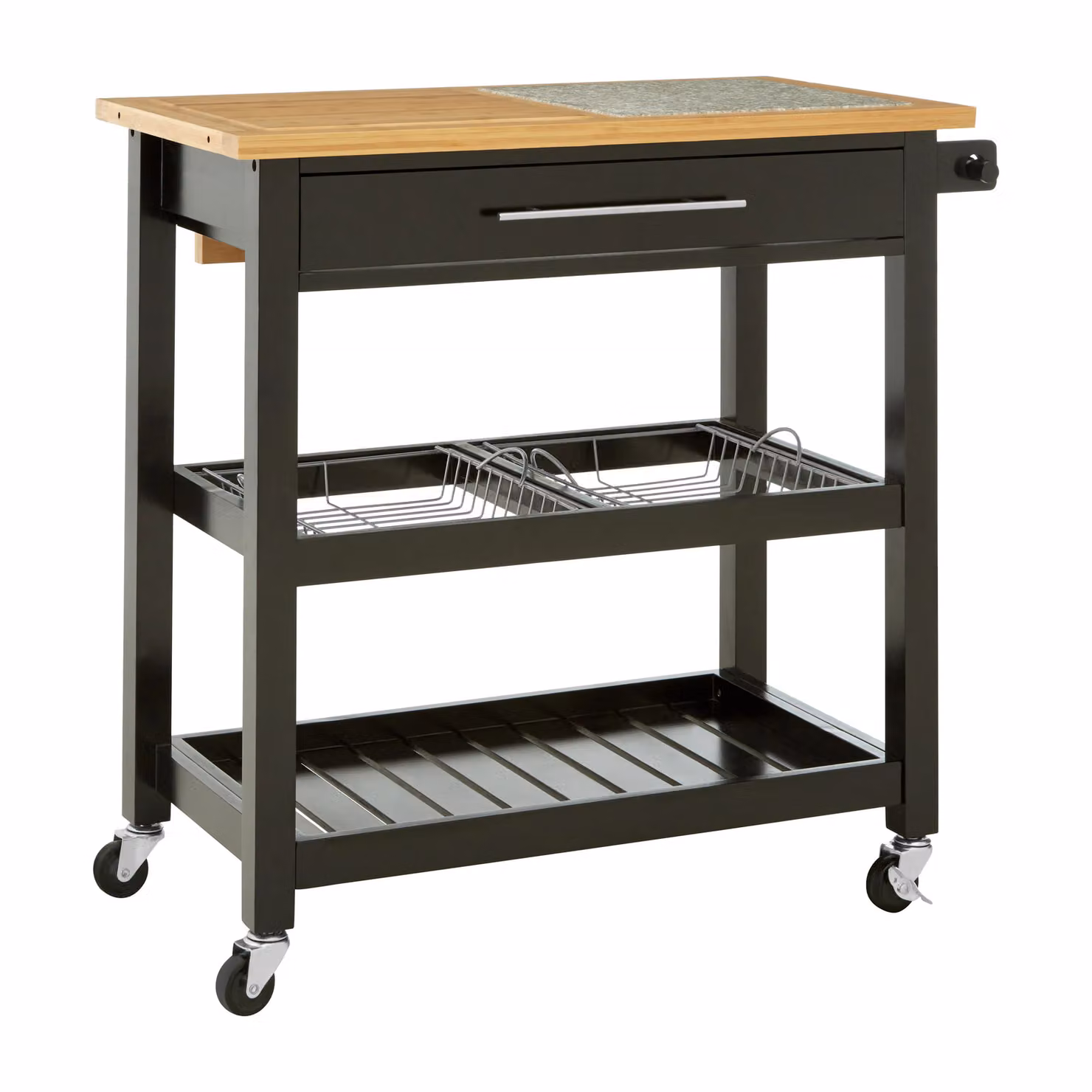 Orsina Spacious Wide Kitchen Trolley with Natural Stone Top in Black and Gold, W/D/H: 92 x 90 x 50 cm – 2