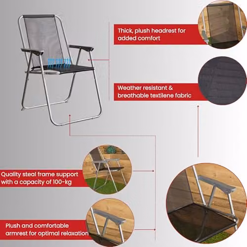 Samuel ALEXANDER Set of 4 Foldable Garden Chairs with Grey Powder Coated Steel Frame and Black Textilene Fabric – 3