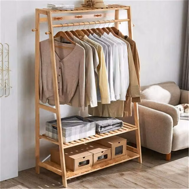 NESTLUNE Natural Wood Portable Heavy Duty Garment Rack and Clothes Rail in Brown, W/D/H: 100 x 15 x 15 cm
