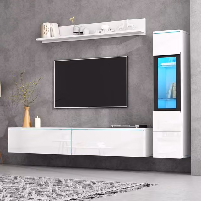 BTM 3-Piece White High Gloss Modern TV Wall Unit Set with Integrated Lighting, Lowboard, Display Vitrine and Open Shelf
