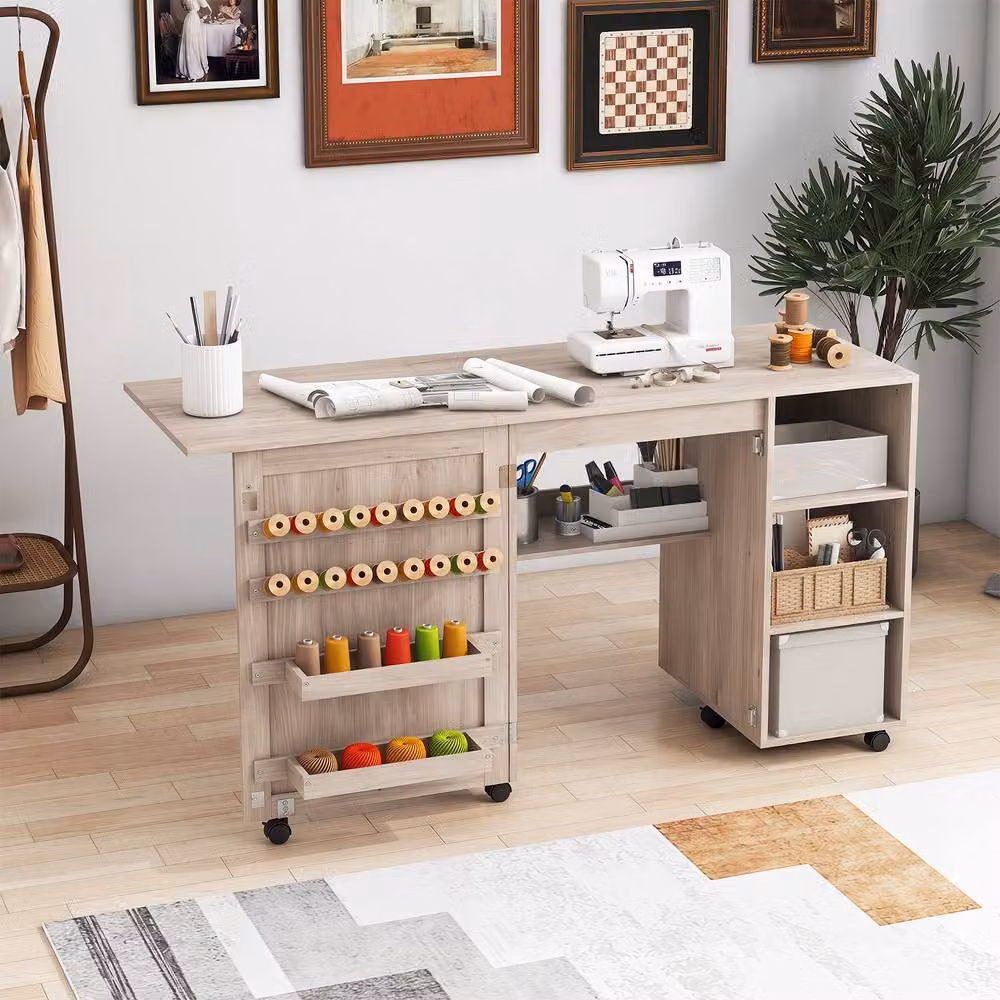 Costway Folding Sewing Table and Rolling Craft Station with 18 Pegs in Natural Wood and Beige – 2